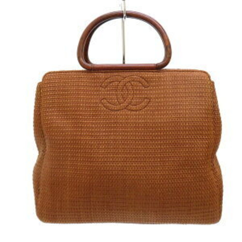CHANEL Wooden Handle Straw Bag Coco Mark Circa Leather Brown IITT